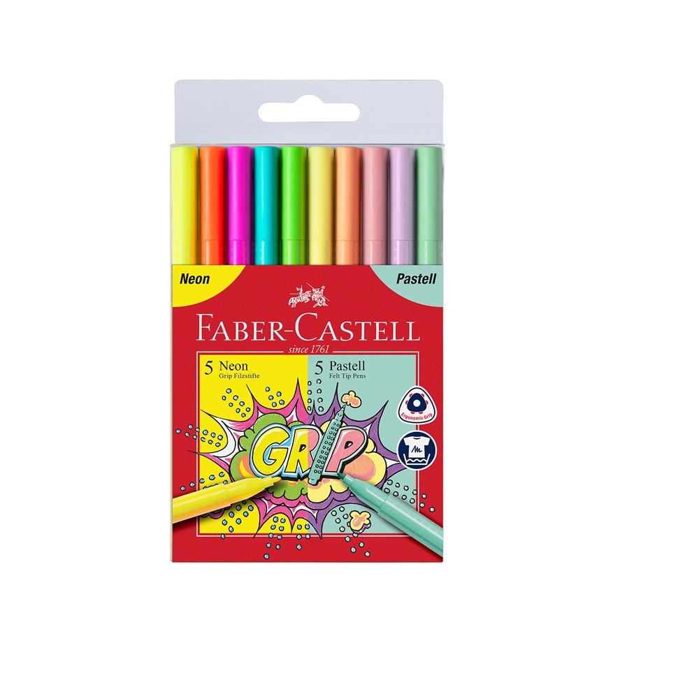 Цветни флумастери Faber-Castell Grip 5 цвята неон и 5 цвята пастел