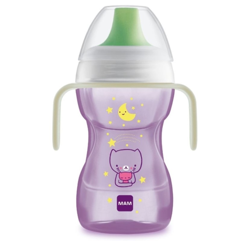Бебешка преходна чаша MAM Fun to Drink, със светещи в тъмното дръжки, 270 мл.