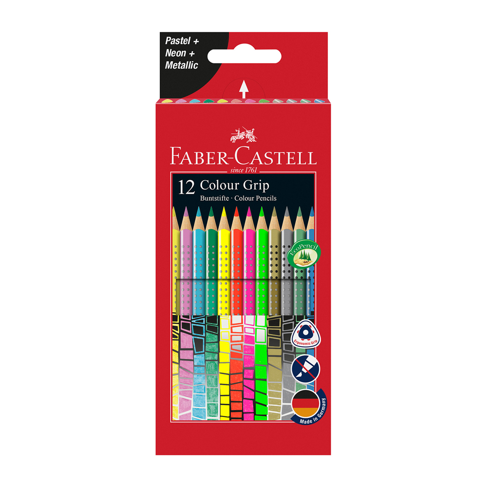 Акварелни моливи Faber-Castell Grip 12 пастелни, неонови и металикови цвята