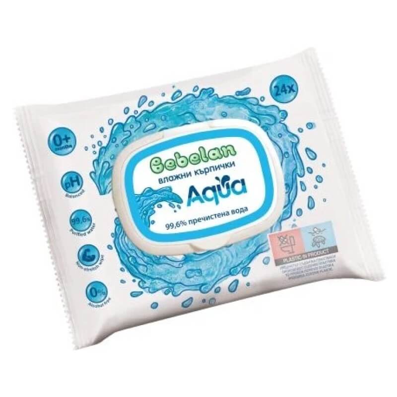 Бебешки мокри кърпи Bebelan Aqua 99.6% вода 24бр. с капак
