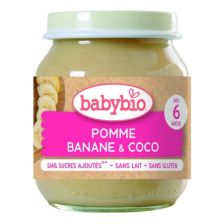 Био плодово пюре Babybio - Ябълка, банан и кокосово мляко130гр 6м.+