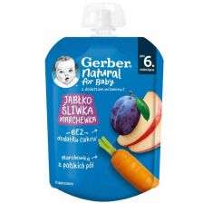 Плодово пюре Nestle Gerber - Пауч с ябълка, слива и морков, 6m+, 80 g