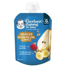 Плодово пюре Gerber - Пауч с круша, банан, малина и мюсли, 6м+, 80 g