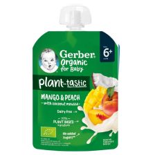 Плодова закуска Gerber Organic - Пауч с манго и праскова с кокосов мус, 80 g