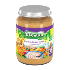 Бебешко пюре Bebelan Pure Ябълка, банан, манго с мляко 8м+ 190гр.
