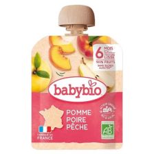Био плодов мус Babybio Ябълка, праскова и круша 90гр. 6м+