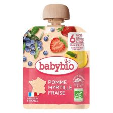 Био плодов мус Babybio Ябълка, ягоди и боровинки 90гр 6м+