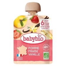 Био плодов мус Babybio Ябълка, ягоди и ванилия 90гр 6м+