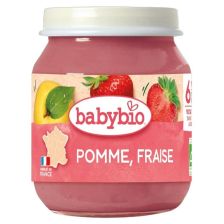 Био плодово пюре Babybio Ябълка, ягода и синя боровинка 130гр. 6м.+
