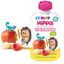 БИО Плодово пюре Hipp HiPPiS ябълка, банан, малина с пълнозърнести култури 100гр.