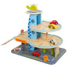 Дървен детски паркинг Raya Toys с коли и хеликоптер, 28 части