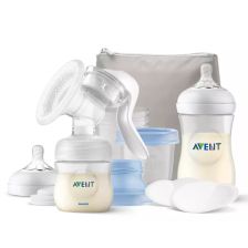 Ръчна помпа за кърма Avent Natural Motion с контейнери VIA, шишета за хранене Natural и несесер