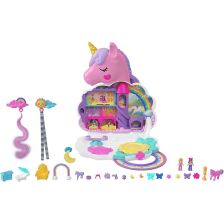 Игрален комплект Mattel Polly Pocket Rainbow Unicorn Salon с две кукли, еднорог за прически и 20+ аксесоара