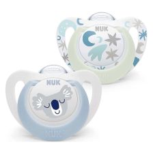 Силиконови залъгалки NUK Star Night and Day, светещи в тъмното, 0-6 м., 2 бр.