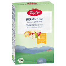 БИО Млечна каша Topfer 3 вида зърна, Ябълка, Круша 6+м 200гр.