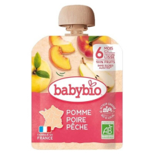 Био плодов мус Babybio Ябълка, праскова и круша 90гр. 6м+