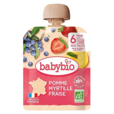 Био плодов мус Babybio Ябълка, ягоди и боровинки 90гр 6м+