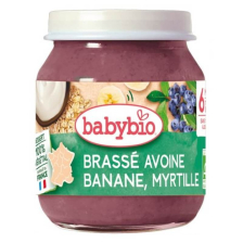 Био плодово пюре Babybio овес, банан и синя боровинка 130гр. 6м.+   