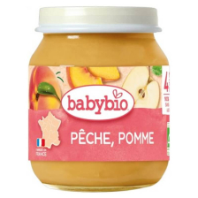 Био плодово пюре Babybio праскови и ябълки, 130гр. 4м.+