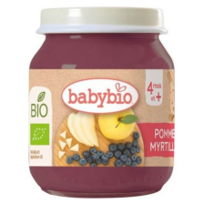 Био плодово пюре Babybio ябълка и синя боровинка, 130гр. 4м.+