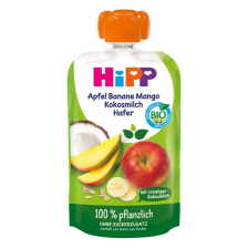 БИО Плодово пюре Hipp HiPPiS Ябълка, банан, манго, кокосово мляко и овес, 1+г. 100гр.