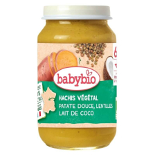 Био пюре Babybio Вегетарианска каша сладък картоф, леща, кокосово мляко 6м+ 200гр. 