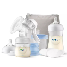 Ръчна помпа за кърма Avent Natural Motion с контейнери VIA, шишета за хранене Natural и несесер