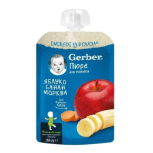Плодова закуска Nestle Gerber Natural - Пауч с ябълки, банани и моркови, 150г