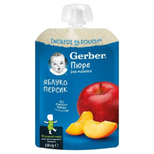 Плодова закуска Nestle Gerber Natural - Пауч с ябълки и праскови, 150г
