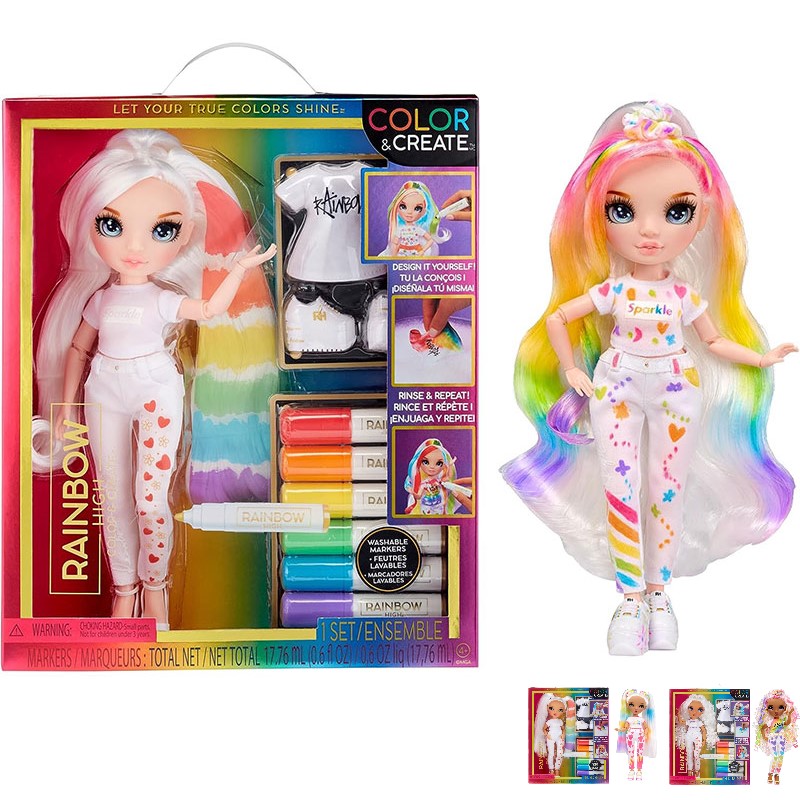 Кукла MGA Rainbow High Color & Create с коса и дрехи за оцветяване, със 7 аксесоара, 27 см.