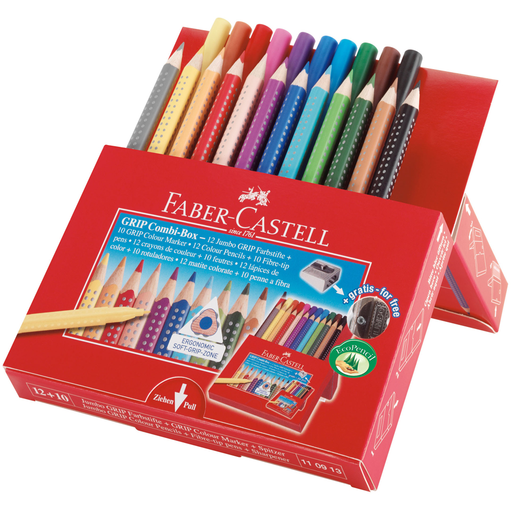 Цветен комплект Faber-Castell Grip, съдържащ цветни моливи, флумастери и острилка