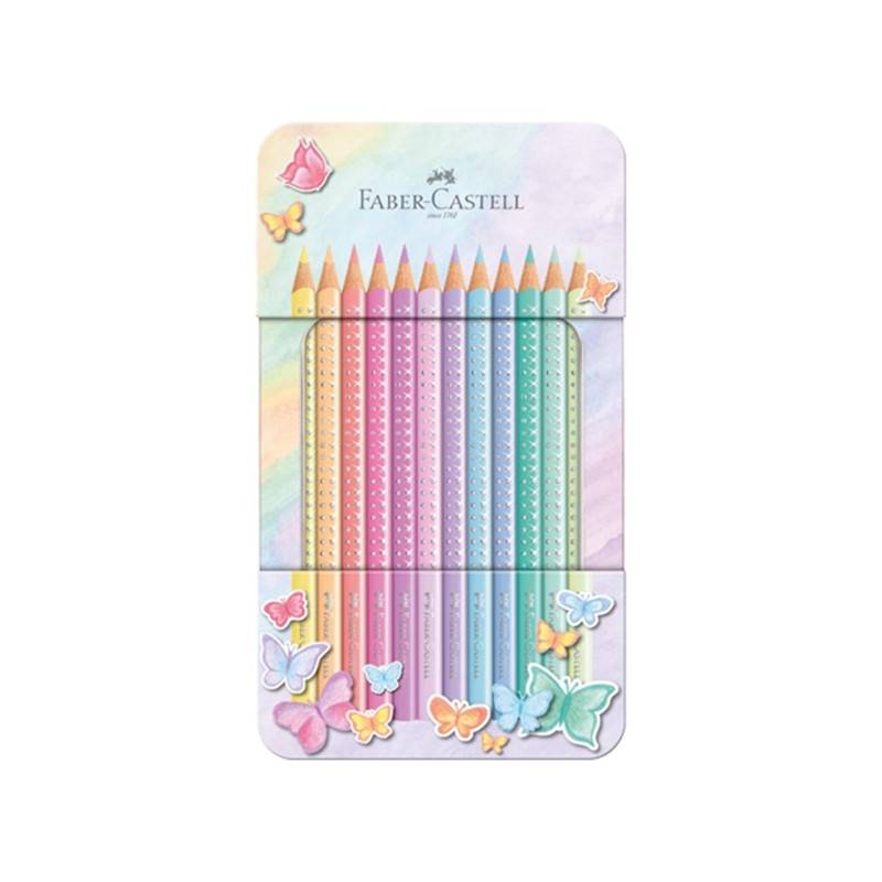 Цветни пастелни моливи Faber-Castell Sparkle в метална кутия, 12 цвята 